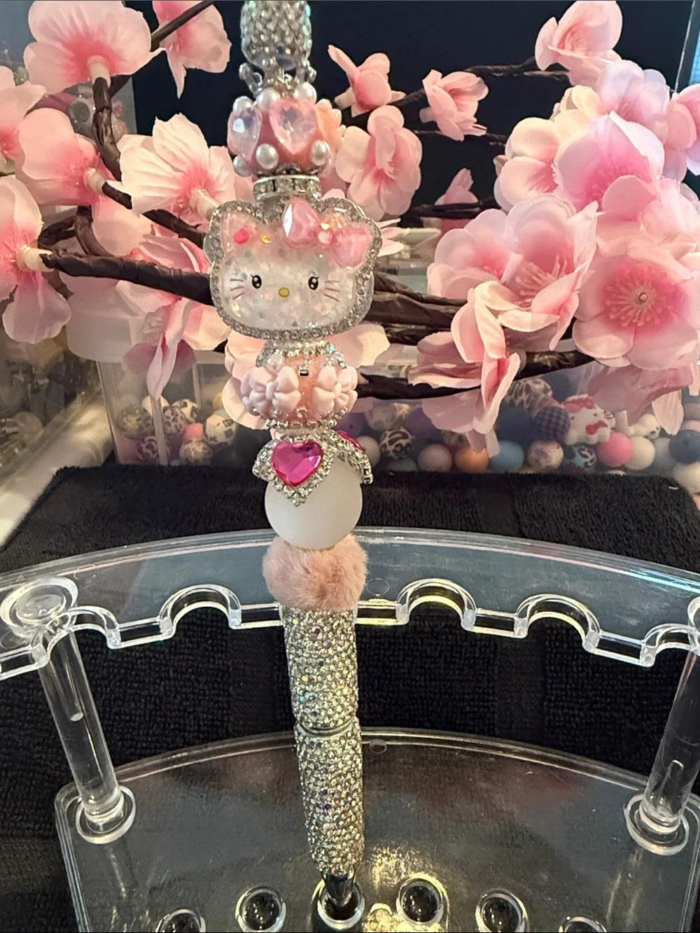 Sparkling Pink Beaded Decorative Pen with Heart Charm